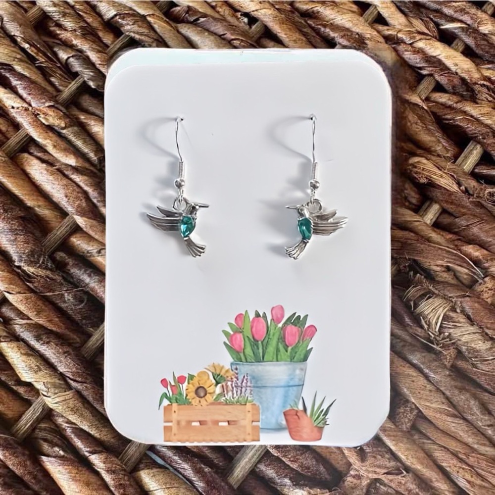 New Green and Silver-Tone Hummingbird Dangle Earrings (1” long x 0.5” wide)